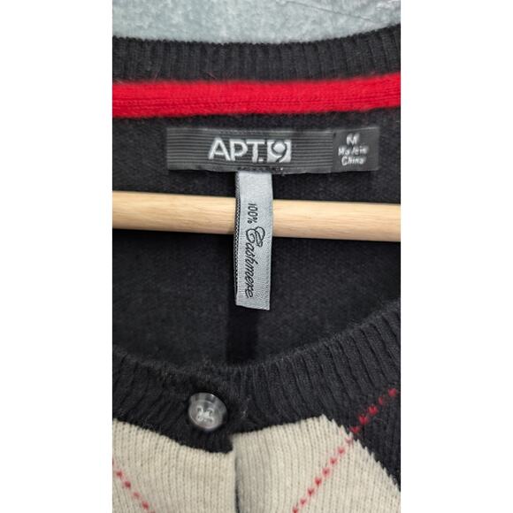 APT 9 Women Cardigan Sweater Sz Medium 100% Cashmere Black White Argyle Button - Picture 2 of 10